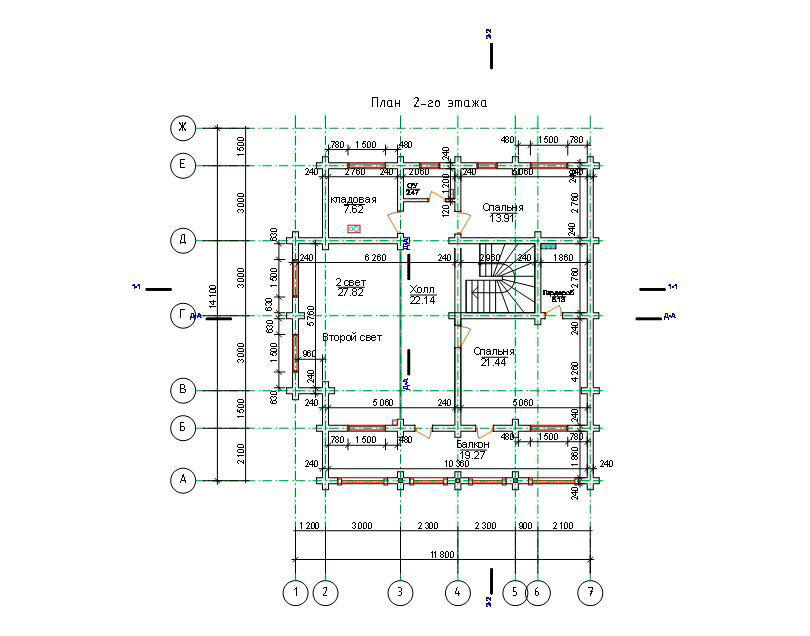 Схема проекта дома из оцилиндрованного бревна (2 этаж)